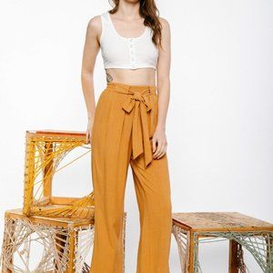 Linen high waist wide pants - Camel color